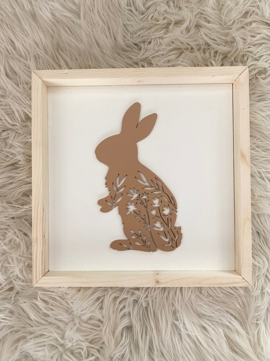 Framed Floral Bunnies ~ Taupe