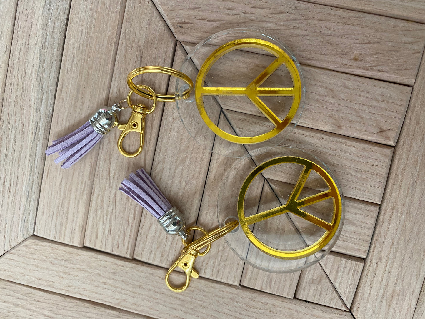 Peace Sign clear and gold keychain