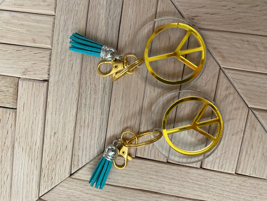 Peace Sign clear and gold keychain